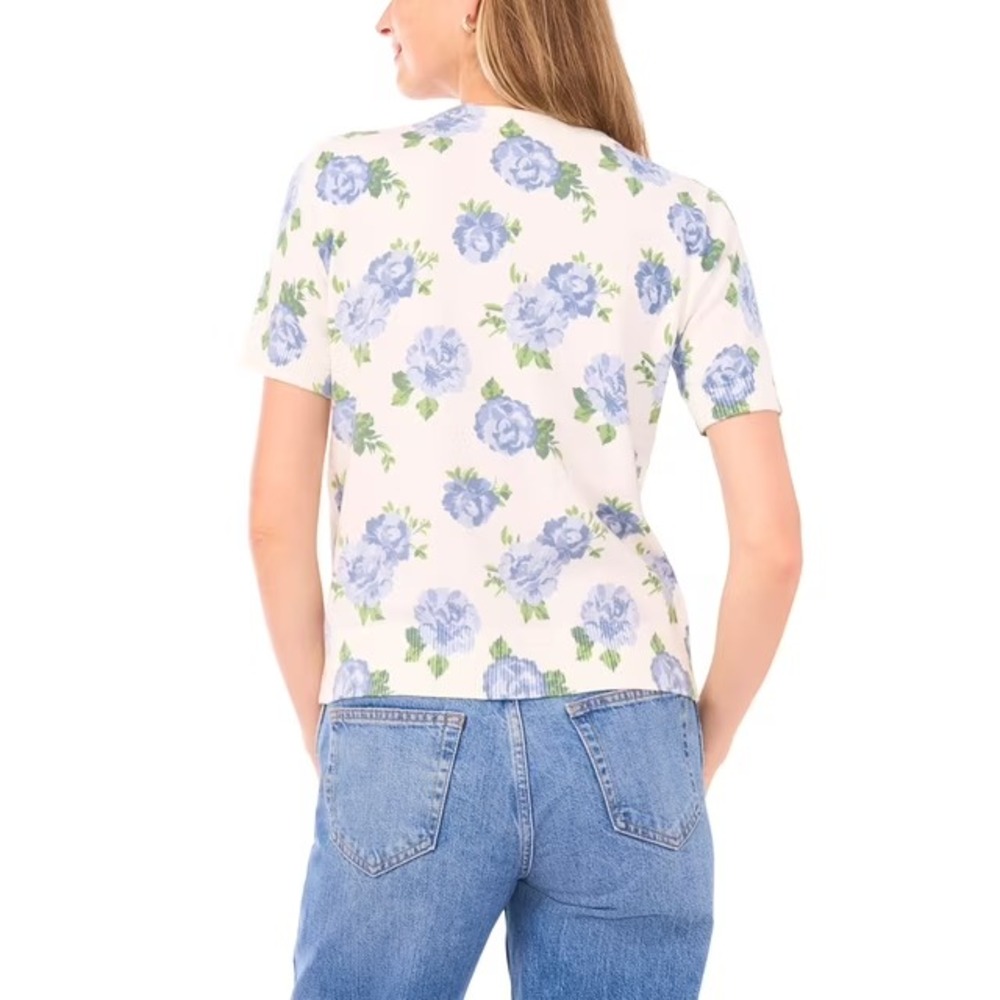 Vince Camuto Blue Floral Short Sleeve Sweater Crew Neck XL Pullover - Picture 2 of 6